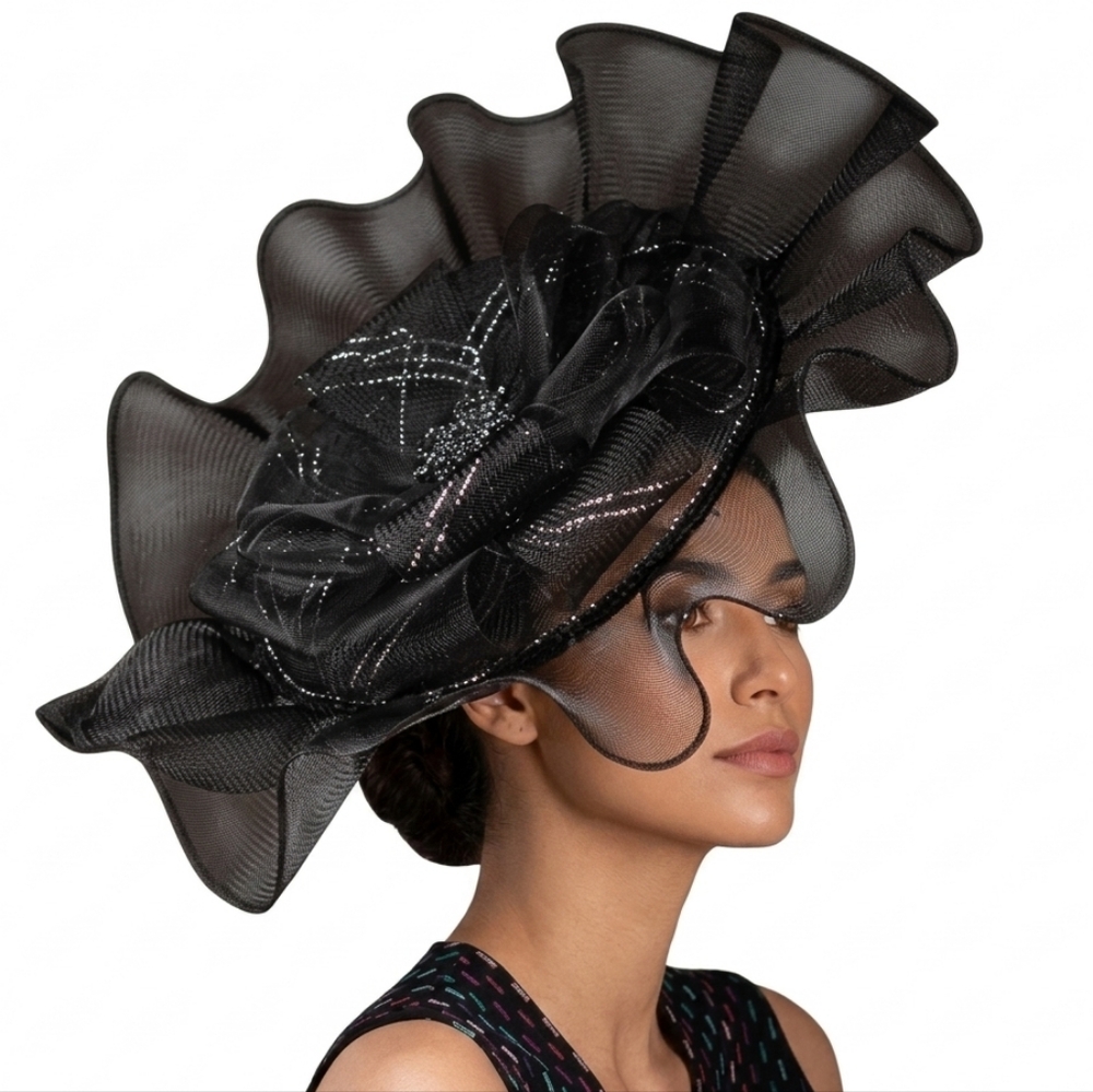 Beloved Millinery Stunning Elegant Couture Black Layered Tulle Fascinator Hat - Picture 3 of 7